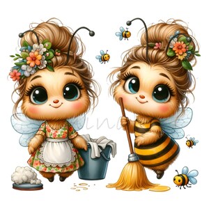 May include: Two cartoon bee characters with large eyes and floral hair accessories. One bee wears a floral dress and apron, the other a black and yellow striped outfit, holding a broom. Several small bees fly around them, all on a white background.