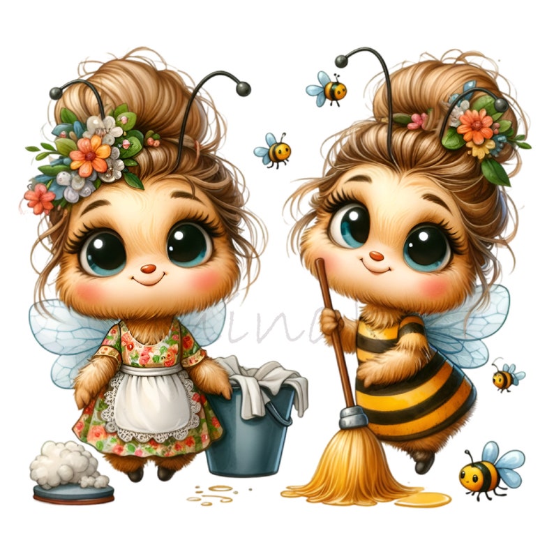 May include: Two cartoon bee characters with large eyes and floral hair accessories. One bee wears a floral dress and apron, the other a black and yellow striped outfit, holding a broom. Several small bees fly around them, all on a white background.