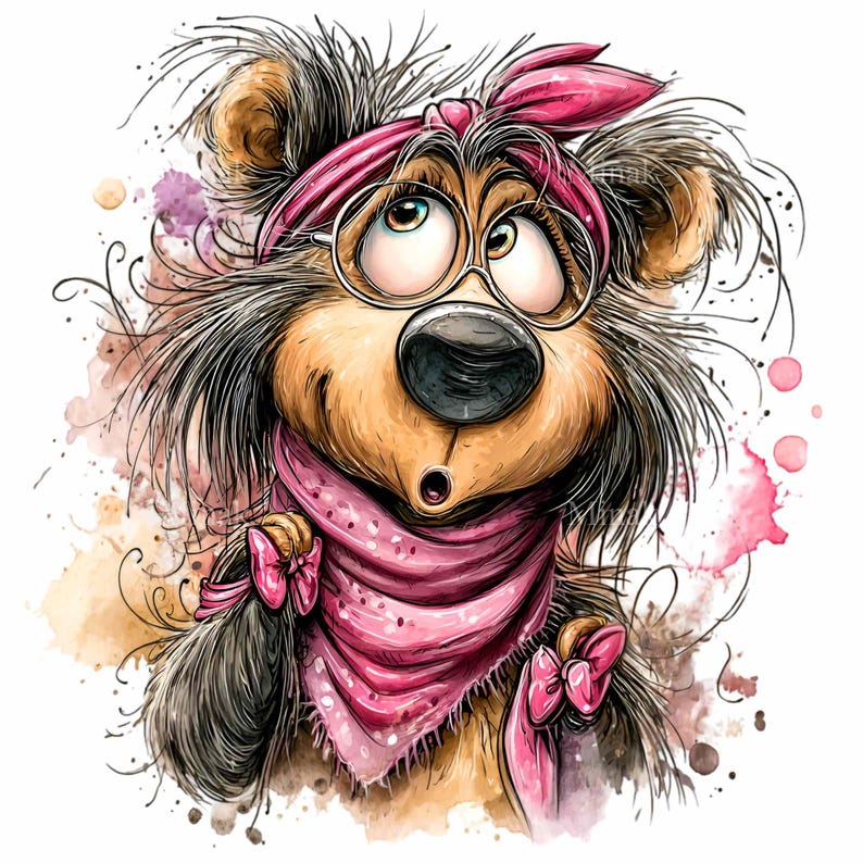 May include: A whimsical watercolor illustration of a bear with a surprised expression. The bear wears a pink bandana, glasses, and a pink scarf with bows. The artwork features a mix of brown, pink, and neutral tones with watercolor splatters.