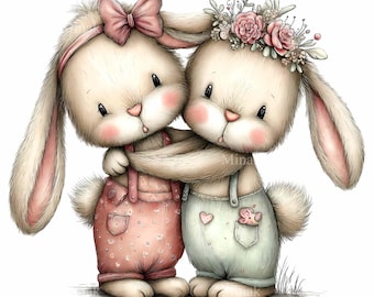 16 PNG Hugging Bunnies Floral Rabbit Clipart, Sister Nursery