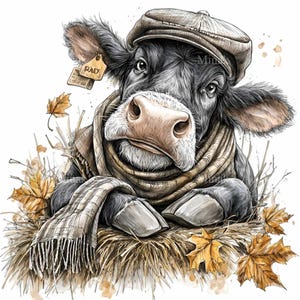 12 PNG Vaca de otoño – Clipart PNG de otoño – Elegante animal de granja con bufanda y gorra para tarjetas de temporada, pegatinas, arte mural y manualidades rústicas
