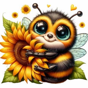 12 Cute Bee with Sunflower PNG Clipart, Big Eyes Bumblebee Hugging Flower, Adorable Insect Art Digital Download