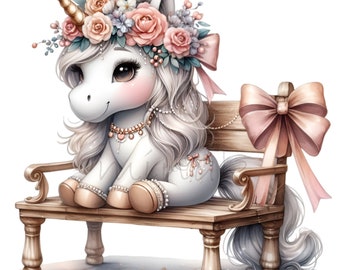 May include: A white unicorn with a pink flower crown sits on a wooden bench with a pink bow. The unicorn has a gold horn and a pearl necklace.
