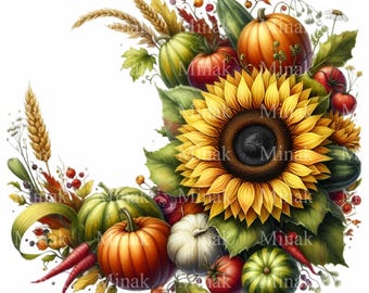 12 PNG Sunflower Pumpkin Fall Wreath Autumn Harvest Clipart