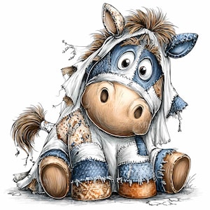 May include: A whimsical illustration of a plush horse with a patchwork design. The horse is primarily brown, blue, and white, with a distressed, stitched appearance. It has large, expressive eyes and a soft, cartoonish style.