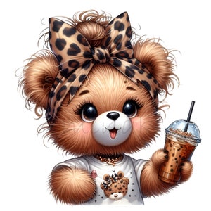 Imágenes prediseñadas de oso divertido, 18 imágenes prediseñadas de café PNG, lazo con estampado de leopardo, divertida tarjeta para el día de la madre de la abuela, imprimible por sublimación, arte de pared