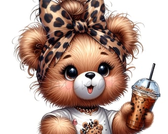18 PNG Funny Bear Coffee Clipart, Leopard Bow, Mother's Day Card