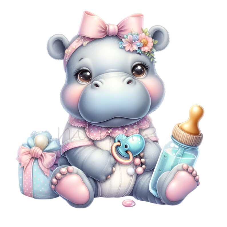 May include: A cute, cartoon hippo in a baby outfit, wearing a pink bow and floral headband. The hippo is holding a blue pacifier and a baby bottle. A wrapped gift box with a pink bow is on the left.