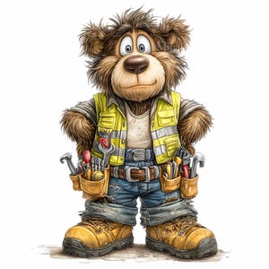 May include: A cartoon bear in a construction worker outfit, featuring a yellow safety vest, tool belt, and work boots. The bear has brown fur, blue jeans, and a tool belt filled with tools.