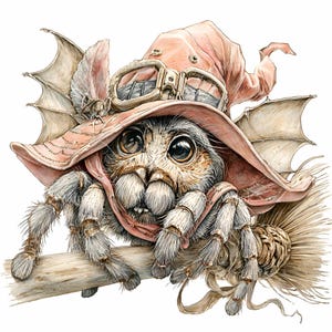 May include: A whimsical watercolour illustration of a spider wearing a pink witch hat with goggles and a scarf. The spider is perched on a broom, with bat-like wings and a moth attached to the hat. The spider has large, expressive eyes.