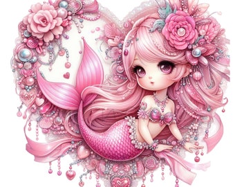 12 PNG Pink Mermaid Heart Clipart – Floral Pearl Frame, Princess Mermaid Sublimation Design, Nursery Wall Art Download