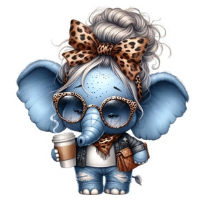 14 Elefante de moda PNG con café PNG Clipart, Descarga digital, Lindo elefante con lazo de leopardo y gafas