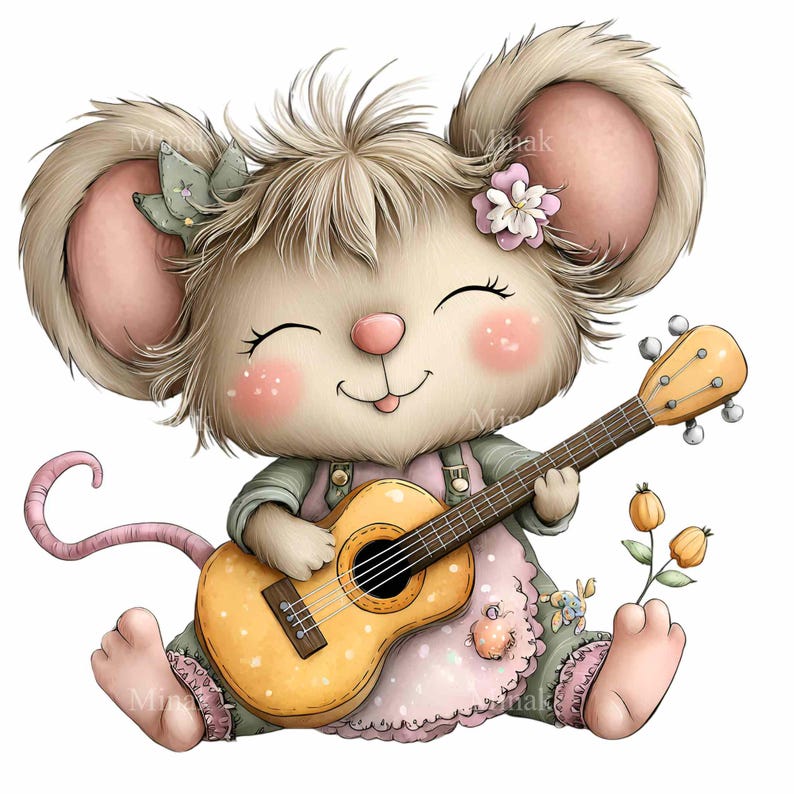 Mouse Playing Instruments Vector 16 PNG Vintage Mouse Playing Guitar, Floral Animal Musical Nursery - Etsy
