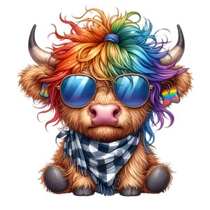 10 kleurrijke hooglandkoe met regenbooghaar, zonnebril en geruite sjaal - leuk clipartontwerp, png PNGEgg