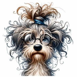 May include: A cartoon illustration of a dog with a messy, fluffy hairstyle tied up with a blue ribbon. The dog is wearing round, black-rimmed glasses and has a thoughtful expression.
