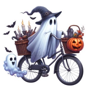 10 Halloween Ghost Clipart PNG, Fantasma in bicicletta con zucche e pipistrelli, Arte digitale di bicicletta spettrale