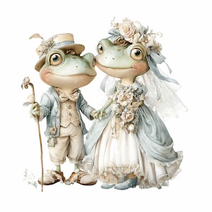 Puede incluir: Ilustración caprichosa de dos ranas antropomórficas vestidas para una boda. La rana de la izquierda lleva un traje azul claro, sombrero y bastón. La rana de la derecha lleva un vestido de novia blanco y azul claro, velo y ramo.