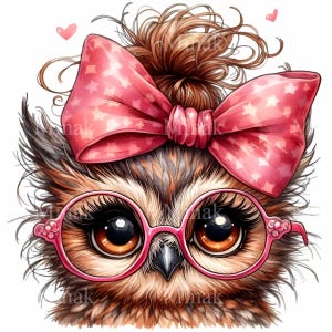 May include: A cartoon illustration of an owl wearing pink glasses and a pink bow with white stars. The owl has large brown eyes and a brown beak.