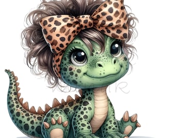 Dinosaur Clip Art, 10 PNG Messy Bun Baby Dinosaur Girl Clipart, Funny Animal Clipart, Leopard Print Bow Nursery Printable, DIY Card Making