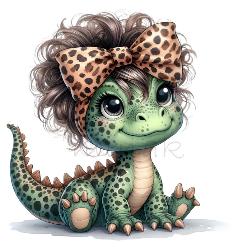 Dinosaurie-clip art, 10 PNG-kladdig bulle, dinosaurieflicka-clipart, rolig djur-clipart, utskrivbar leopardmönster-rosett för barnrum, DIY-korttillverkning bild 1