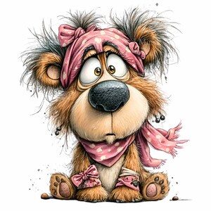 May include: A cartoon illustration of a brown bear with a surprised expression. The bear wears a pink polka-dot scarf, headband, and bows on its paws. The bear has large eyes and a black nose, with a white background.