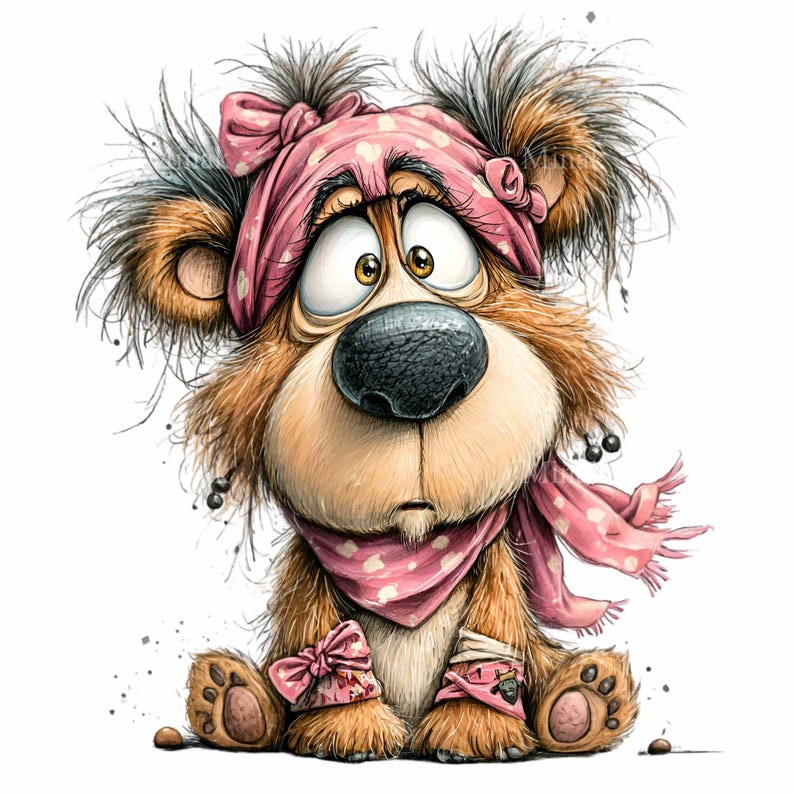 May include: A cartoon illustration of a brown bear with a surprised expression. The bear wears a pink polka-dot scarf, headband, and bows on its paws. The bear has large eyes and a black nose, with a white background.