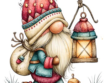 12 PNG Winter Gnome Lantern Sack, Snow Traveler Holiday Graphics