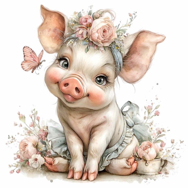 May include: A charming illustration of a piglet with a floral crown and a light blue dress. A pink butterfly hovers nearby. The piglet has rosy cheeks and is surrounded by flowers, creating a whimsical and adorable scene.