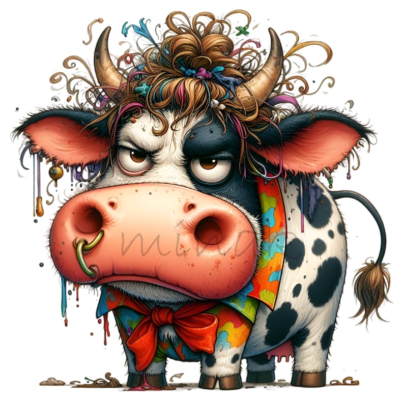 Serietidningar Ko Roliga Bondgårdsdjur Färgglada Tecknade Clipart 12 PNG, Sublimering Utskrivbar, Väggkonst bild 3