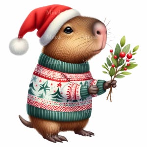 14 Clipart PNG di capibara natalizio - Simpatico roditore natalizio con cappello da Babbo Natale, maglione e ramo di agrifoglio, arte animale festiva per sublimazione