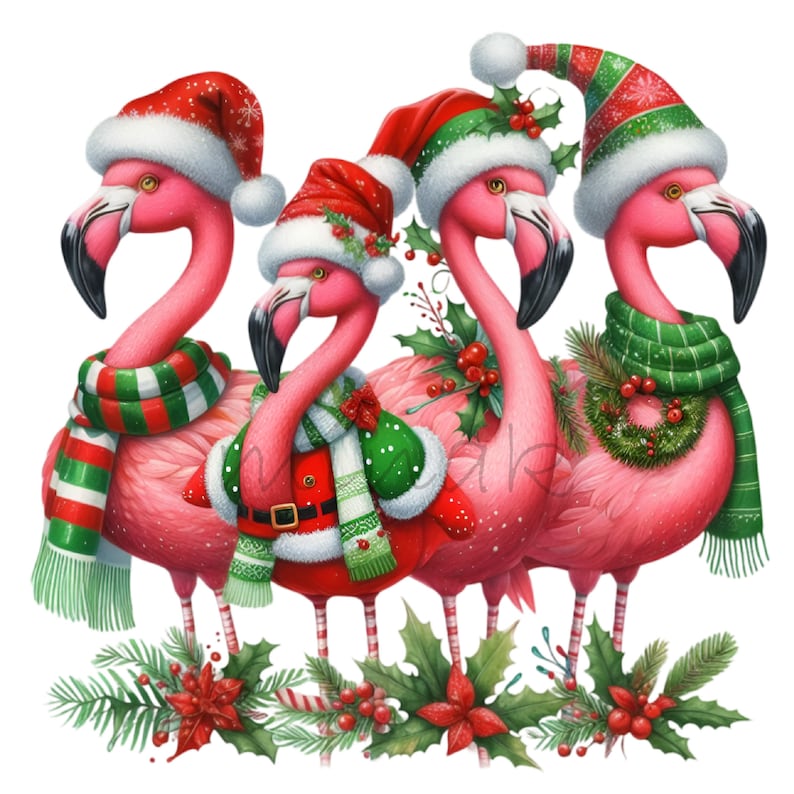 May include: Four pink flamingos are dressed for Christmas. Each flamingo wears a Santa hat, scarf, and festive attire in red, green, and white. Holly and pine boughs decorate the bottom.