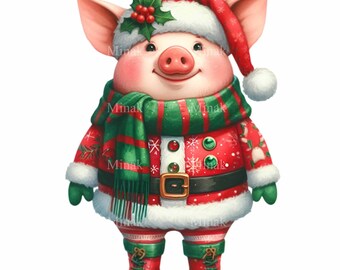 クリスマスの豚のPNG画像10点、ホリデーアニマルのクリップアート、冬の農場のグラフィック