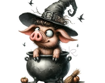 12 Pig Witch Cauldron Png, Spooky Farm Animal Piglet Halloween Artwork