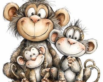15 imágenes prediseñadas PNG de tres monos, ilustración de animales de la selva