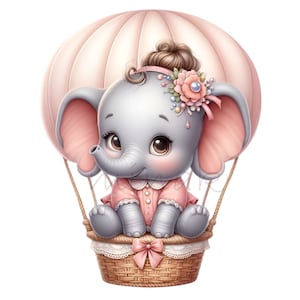 10 Elefant Heißluftballon PNG Clipart, süßes Baby PNG, Aquarell Blumen rosa Kinderzimmer Digital Download, Baby-Dusche-Dekor