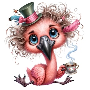K&ouml;nnte beinhalten: Eine skurrile Illustration eines rosa Flamingos mit gro&szlig;en blauen Augen, der einen gr&uuml;nen Zylinder mit rosa Schleife tr&auml;gt. Der Flamingo hat lockiges Haar und h&auml;lt eine Teetasse, aus der Dampf aufsteigt. Eine rosa Feder und ein kleiner Vogel sind ebenfalls vorhanden.