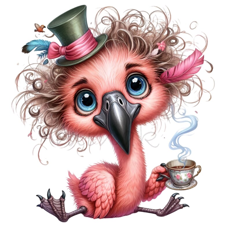 K&ouml;nnte beinhalten: Eine skurrile Illustration eines rosa Flamingos mit gro&szlig;en blauen Augen, der einen gr&uuml;nen Zylinder mit rosa Schleife tr&auml;gt. Der Flamingo hat lockiges Haar und h&auml;lt eine Teetasse, aus der Dampf aufsteigt. Eine rosa Feder und ein kleiner Vogel sind ebenfalls vorhanden.