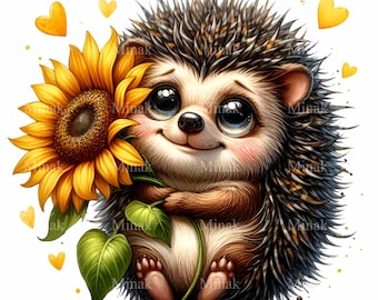 15 Hedgehog Sunflower PNG, Floral Graphic Wildlife Animal Yellow Heart Print Design