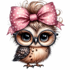 May include: A cartoon illustration of a brown owl wearing round black glasses and a pink polka dot bow. The owl has large blue eyes and a fluffy brown body.