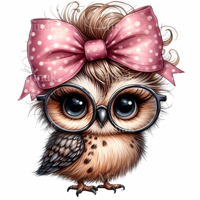May include: A cartoon illustration of a brown owl wearing round black glasses and a pink polka dot bow. The owl has large blue eyes and a fluffy brown body.