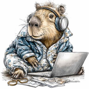 Może przedstawiać: Ilustracja kapibary w słuchawkach i niebieskiej kurtce w wzory, pracującej na laptopie. Kapibara otoczona jest papierami i okularami. Grafika jest szczegółowa i kolorowa.