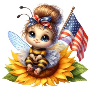 12 Fille abeille patriotique PNG – Clipart tournesol du 4 juillet – Joli bourdon du jour de l'indépendance avec drapeau pour travaux manuels par sublimation