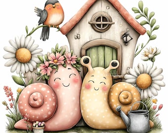 15 PNG Snail Couple Clipart, Whimsical Garden House Graphics, Floral Bug Art