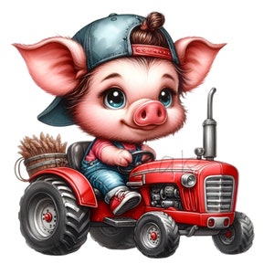 Allevatori di maiali carini con trattore Fattoria Bambini illustrazione clipart 12 PNG, stampabile, creazione di cartoline fai da te