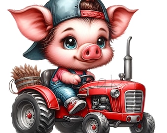 Puede incluir: Un cerdo de dibujos animados con una gorra de béisbol azul y un peto vaquero conduce un tractor rojo. El cerdo tiene ojos grandes y está sonriendo. Una cesta de madera llena de trigo está detrás del cerdo.