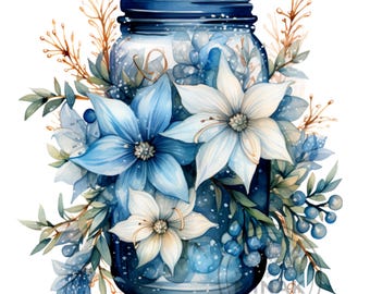 10 Blue Mason Jar Flowers Png, Poinsettia Christmas Winter Berry Watercolor Clipart