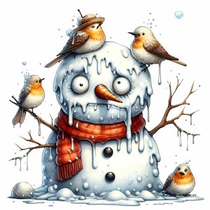12 PNG Muñeco de nieve derretido PNG – Divertido clipart de muñeco de nieve de invierno – Linda escena de pájaro nevado para tarjetas navideñas, manualidades y sublimación