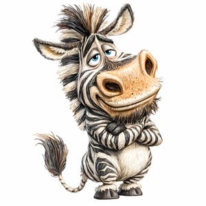 Op de afbeelding: Een cartoon zebra met een vriendelijke uitdrukking. De zebra heeft zwart-witte strepen, een bruine snuit en blauwe ogen. De armen zijn gekruist en het heeft een pluizige staart. Het is een digitale illustratie.