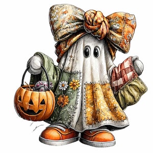 Pode incluir: Um personagem fantasma caprichoso com um design de patchwork, usando um grande laço floral e tênis laranja. O fantasma segura um balde de abóbora cheio de doces. O design geral é um tema de Halloween charmoso e de inspiração vintage.