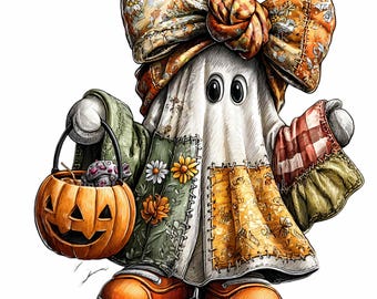 14 PNG Halloween Ghost Patchwork Floral Clipart. Spooky Season Retro Fall